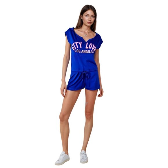 Material Girl Active City Love LOS ANGELES Hooded Romper NWT - Picture 1 of 7